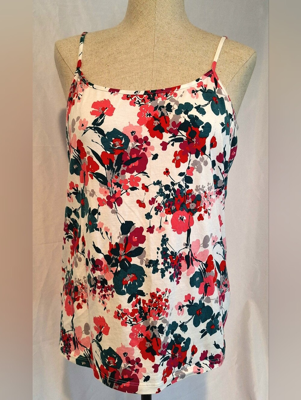 LOFT White Floral Spaghetti Strap Camisole Red & Teal Flowers